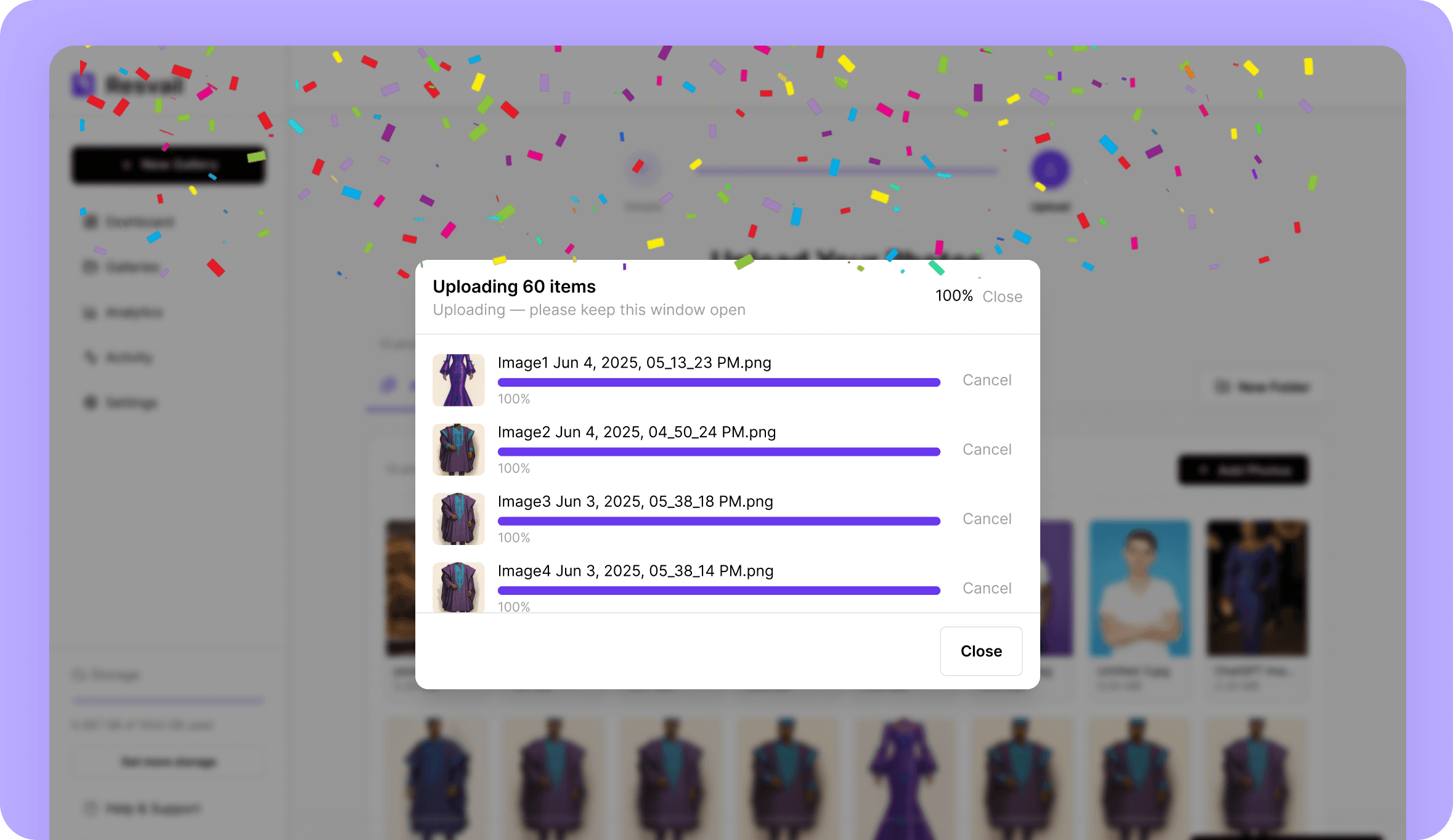 Fast upload interface showing progress with celebration confetti